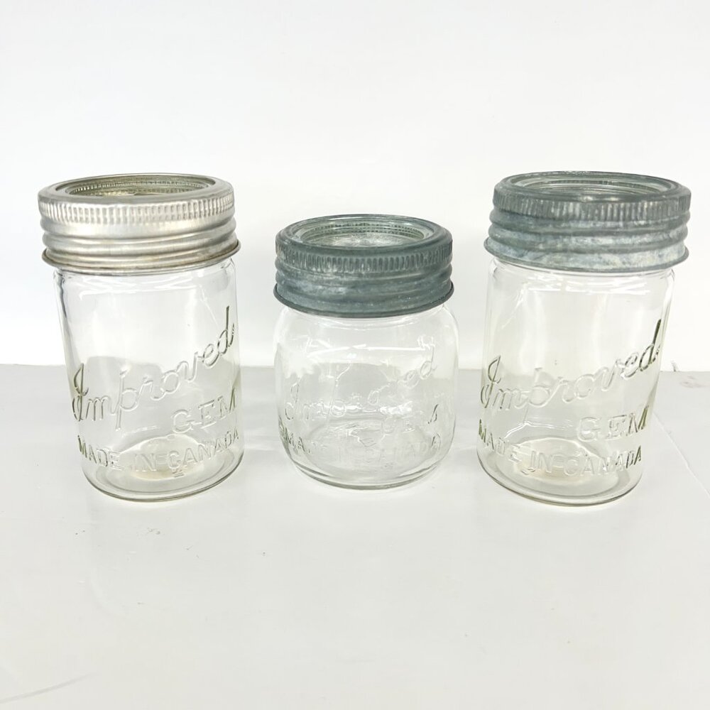 Set of 3 Vintage Improved‎ Gem Mason Canning Jars Made in Canada